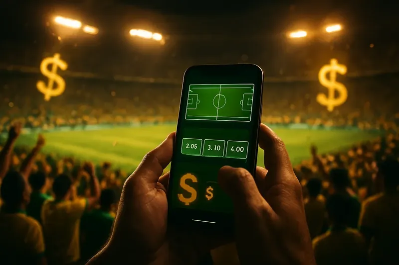Conceito de apostas esportivas no Maracanã lotado com torcedores e celular exibindo odds ao vivo