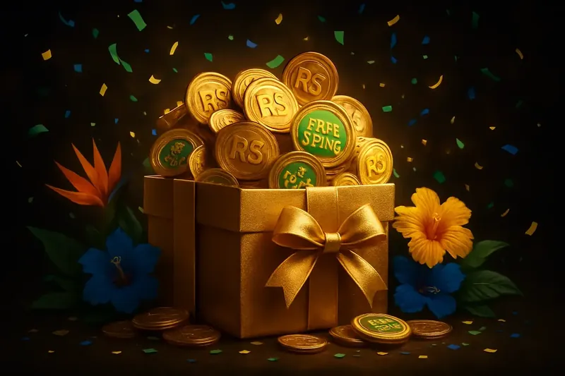 Caixa de presente dourada com moedas de real, fichas de giros grátis e confete de carnaval em fundo escuro elegante