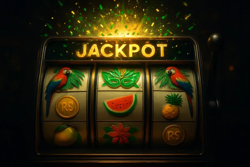Cena realista de caça-níqueis brasileira com símbolos tropicais e jackpot explosivo