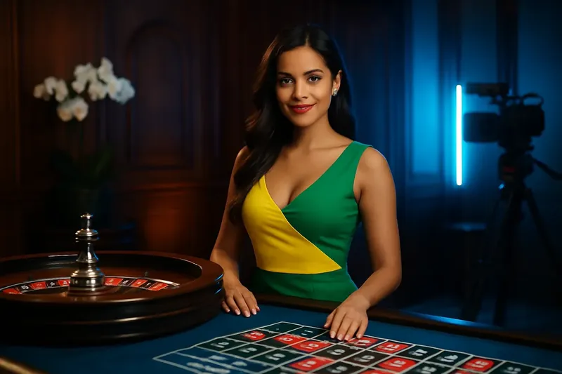 Dealer brasileira elegante em mesa de roleta em estúdio de casino ao vivo luxuoso