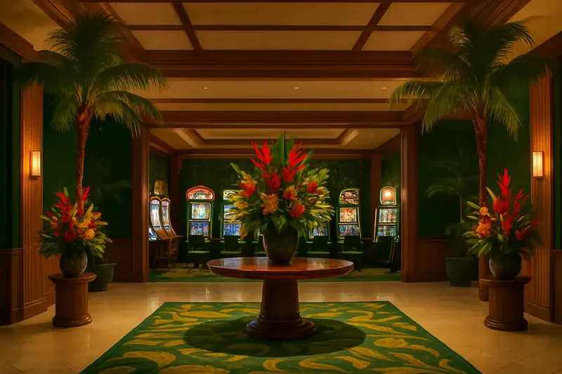 Lobby de cassino brasileiro elegante com decoração tropical e telas de jogos brilhantes