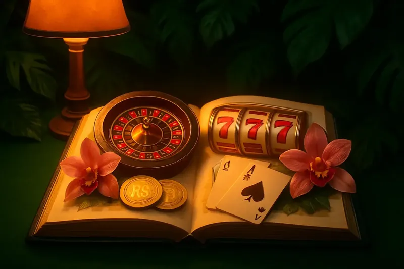 Livro aberto com roleta, slots, cartas de blackjack e moedas de Real em cenário tropical