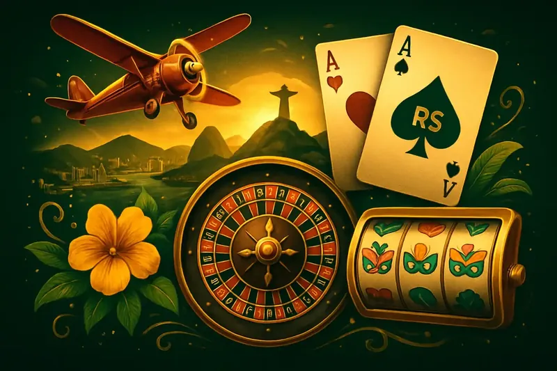 Colagem digital de jogos de cassino brasileiros com roleta, cartas, caça-níqueis e avião sobre Rio
